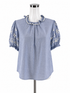 THML white/blue Short Sleeve Ruffle Neck Embroidered Pinstripe Top Blue White Cotton XL - Size XL