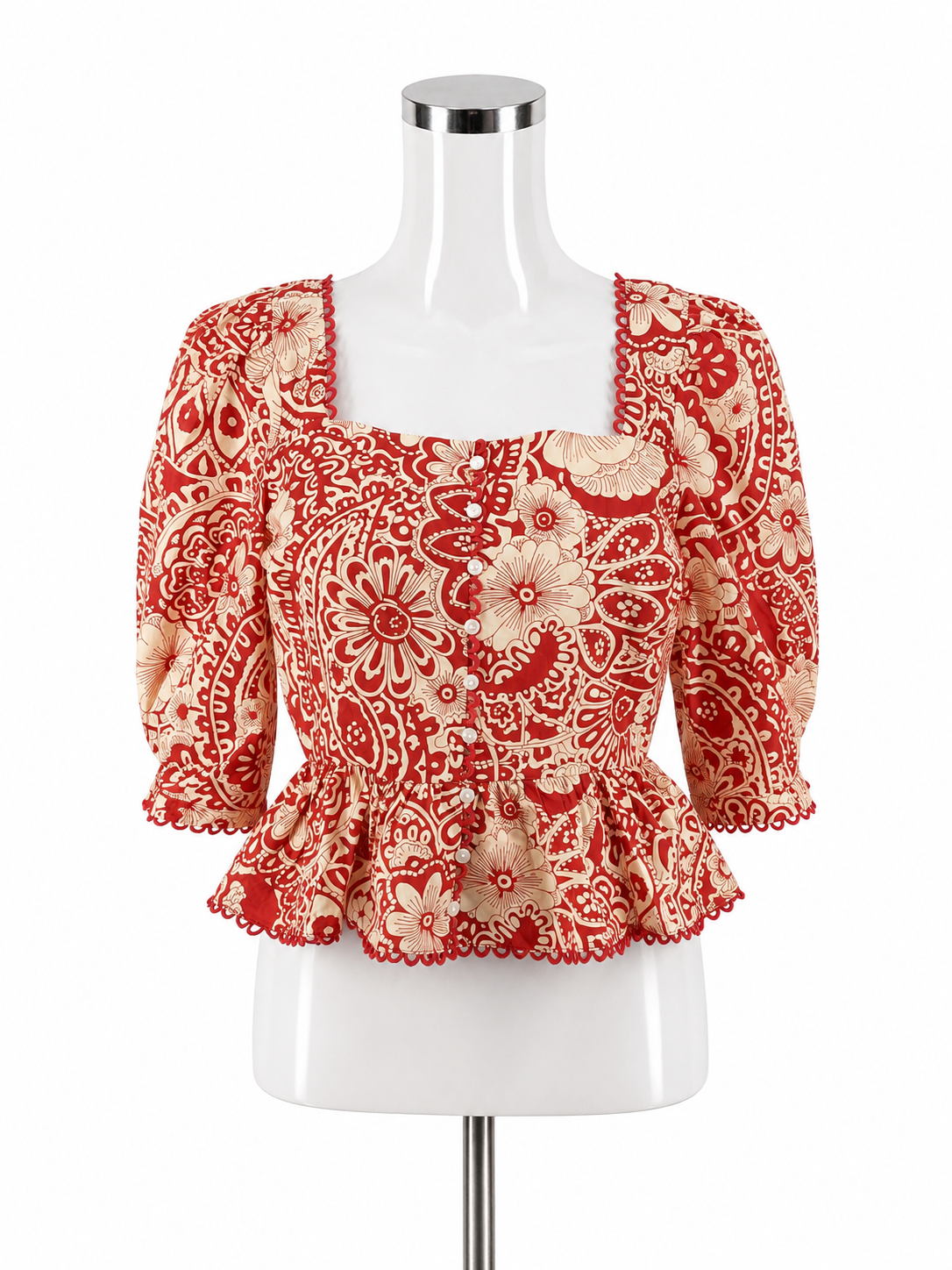 &amp; Merci Red &amp; Cream Floral Paisley Bandana Print Peplum Top Size Medium