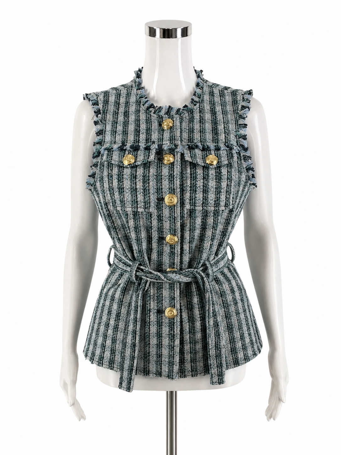 Cinq à Sept Elara Striped Tweed Vest with Frayed Hem Size 4