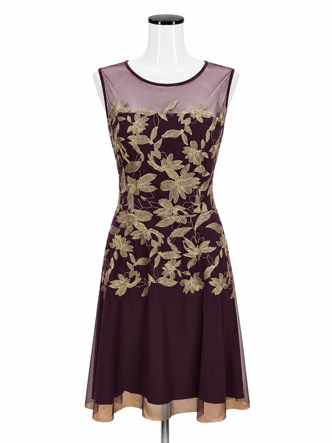 Tahari Arthur S. Levine Plum Gold Floral Embroidered A-Line Cocktail Dress Size 12