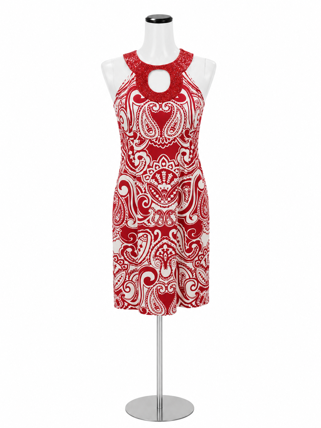 INC International Concepts White/Red Sheath Red Paisley Beaded Keyhole Dress Size 2 - Size 2