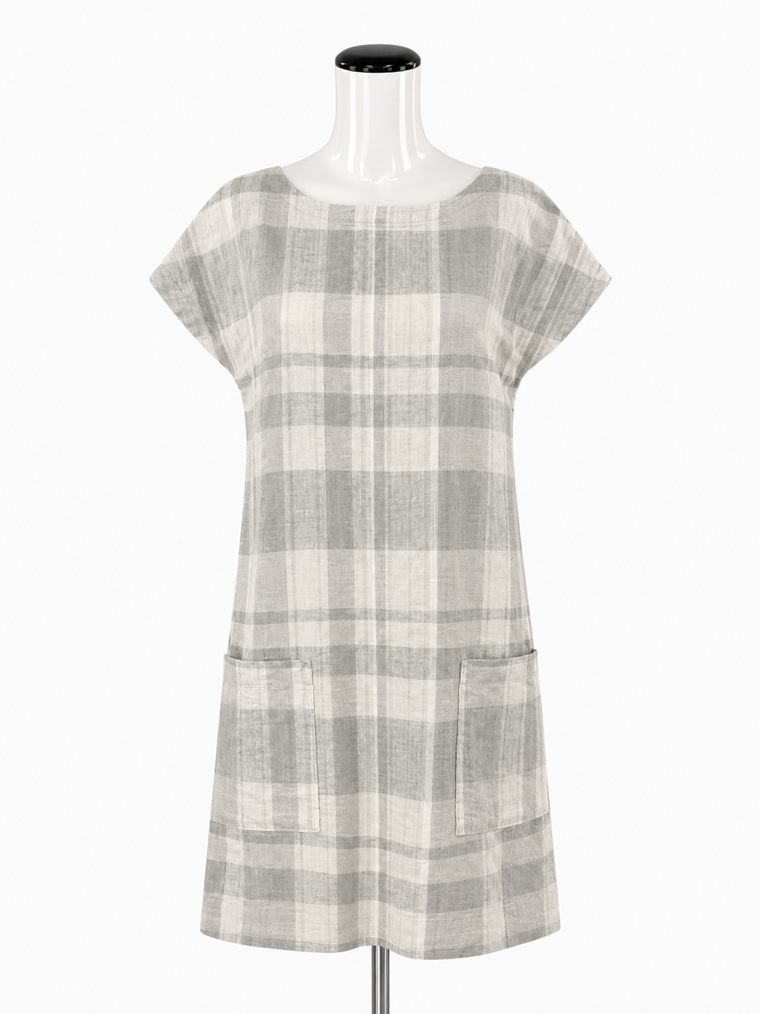 Eileen Fisher white/gray Shift Organic Linen Cotton Plaid Shift Dress Size Medium - Size M