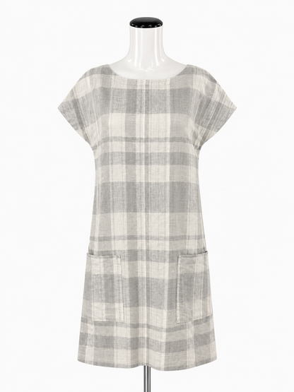 Eileen Fisher white/gray Shift Organic Linen Cotton Plaid Shift Dress Size Medium - Size M