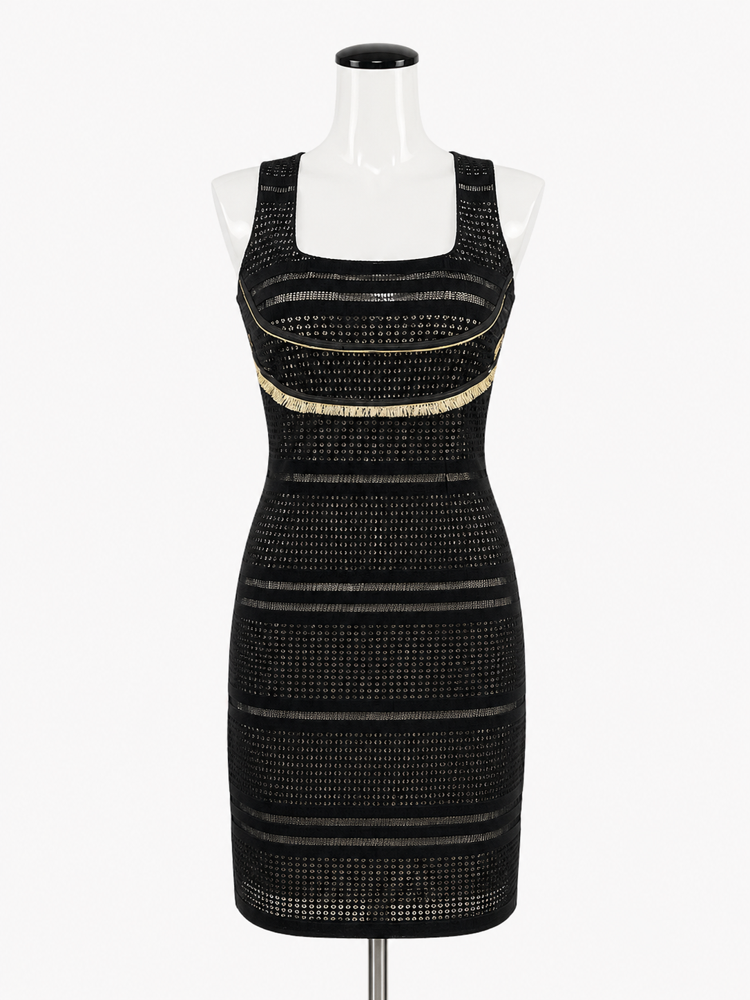 Save The Queen! black/tan Sheath Black &amp; Tan Fringe Mesh Sheath Dress Size Medium - Size M