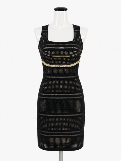 Save The Queen! black/tan Sheath Black &amp; Tan Fringe Mesh Sheath Dress Size Medium - Size M