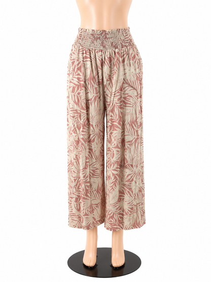 Streetwear Society cream/pink Pant Cream &amp; Pink Tropical Leaf Palazzo Pants Size Medium - Size M