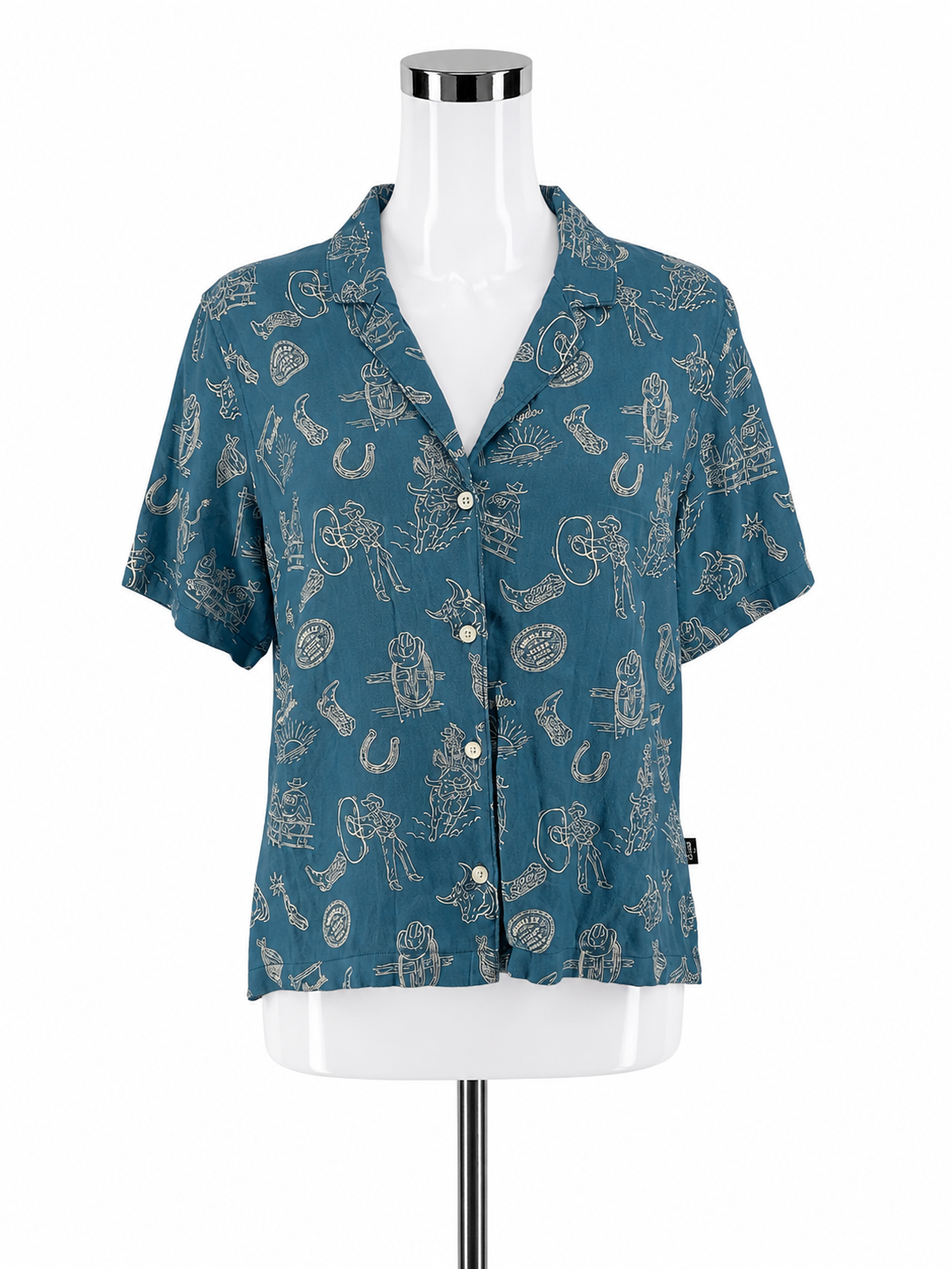Wrangler Blue/Tan Button Down Western Rodeo Print Camp Shirt Women&