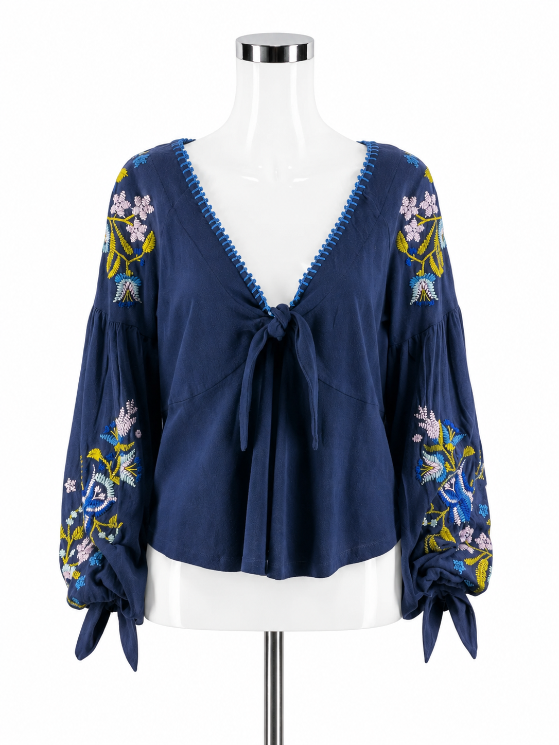 Free People navy/blue/brown Peplum Tell Tale Navy Embroidered Boho Tunic Top Size Medium - Size M