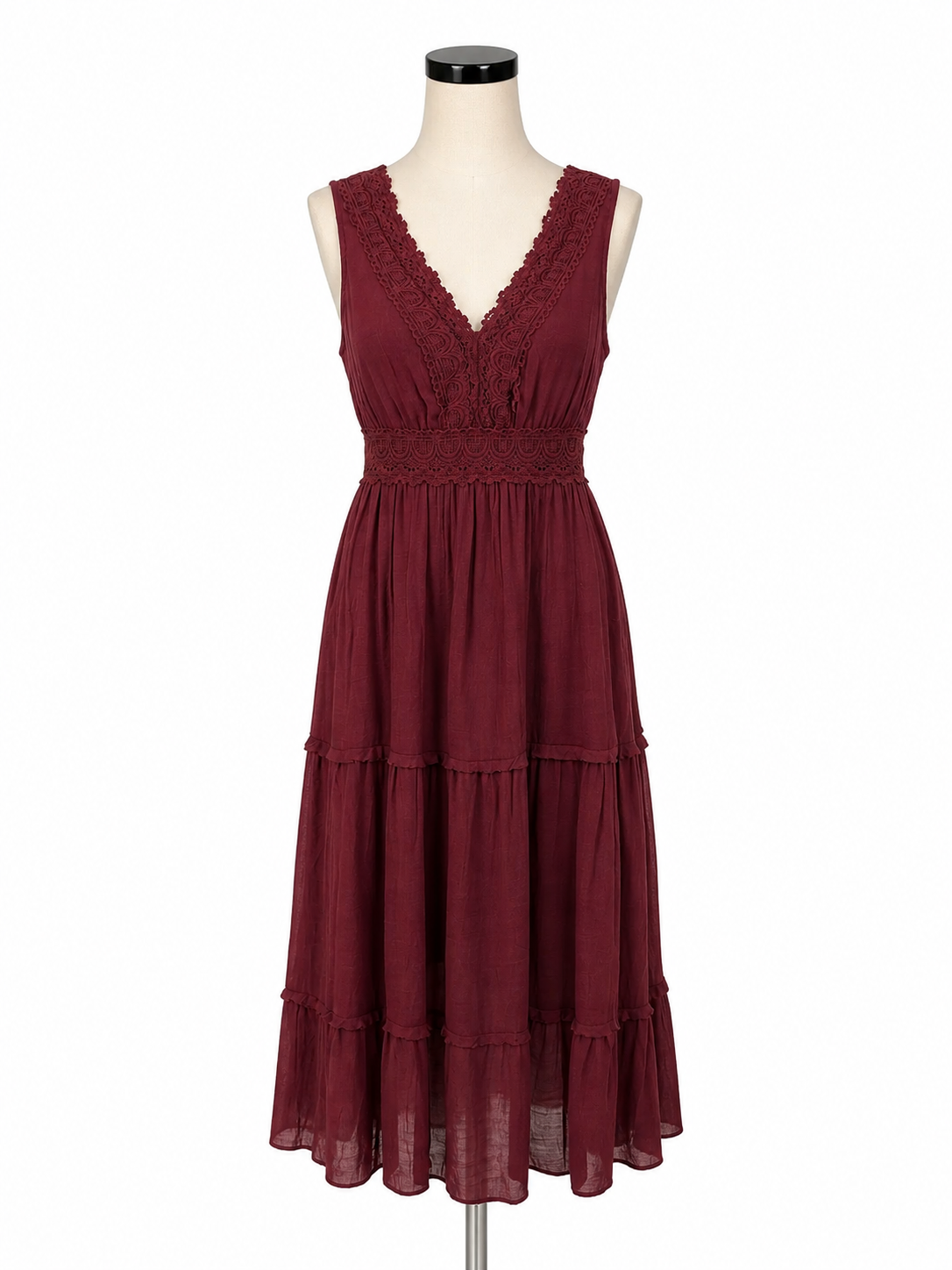 Rebellion Dream maroon Midi Maroon Lace Tiered Boho Maxi Dress Size Medium - Size M