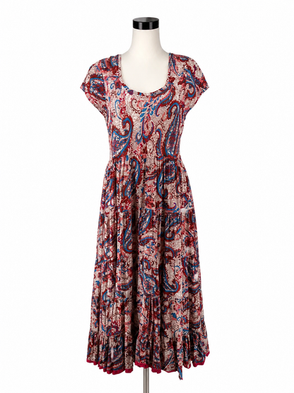 Soft Surroundings Tan/Red/Blue Boho Delphine Paisley Tiered Midi Dress Boho Cap Sleeve Size Large - Size L