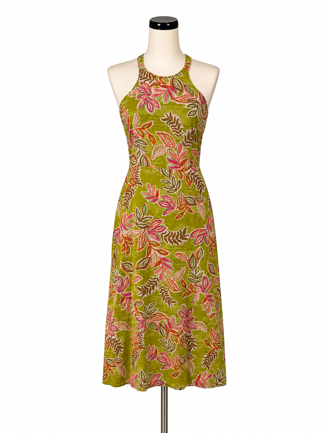 en creme green/brown/pink Midi Tropical Leaf Print Open Back Lace-Up Midi Dress | Size Large - Size L