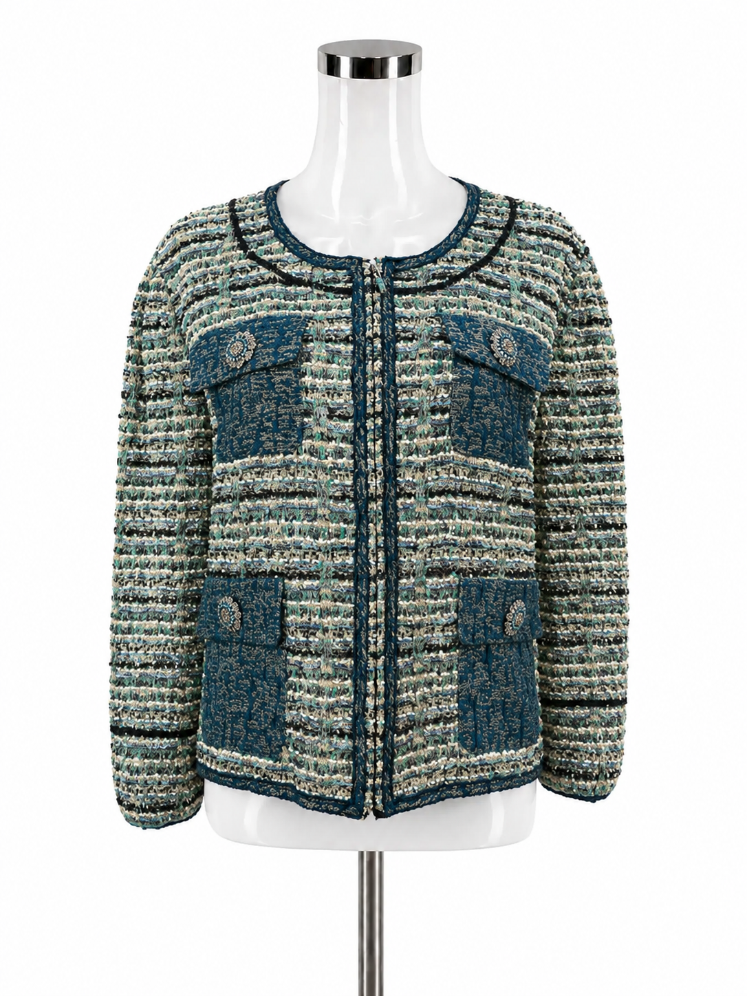 St. John Caviar Collection Tweed Jacket NWT Size 16 Marine Multi Boucle Zip Front