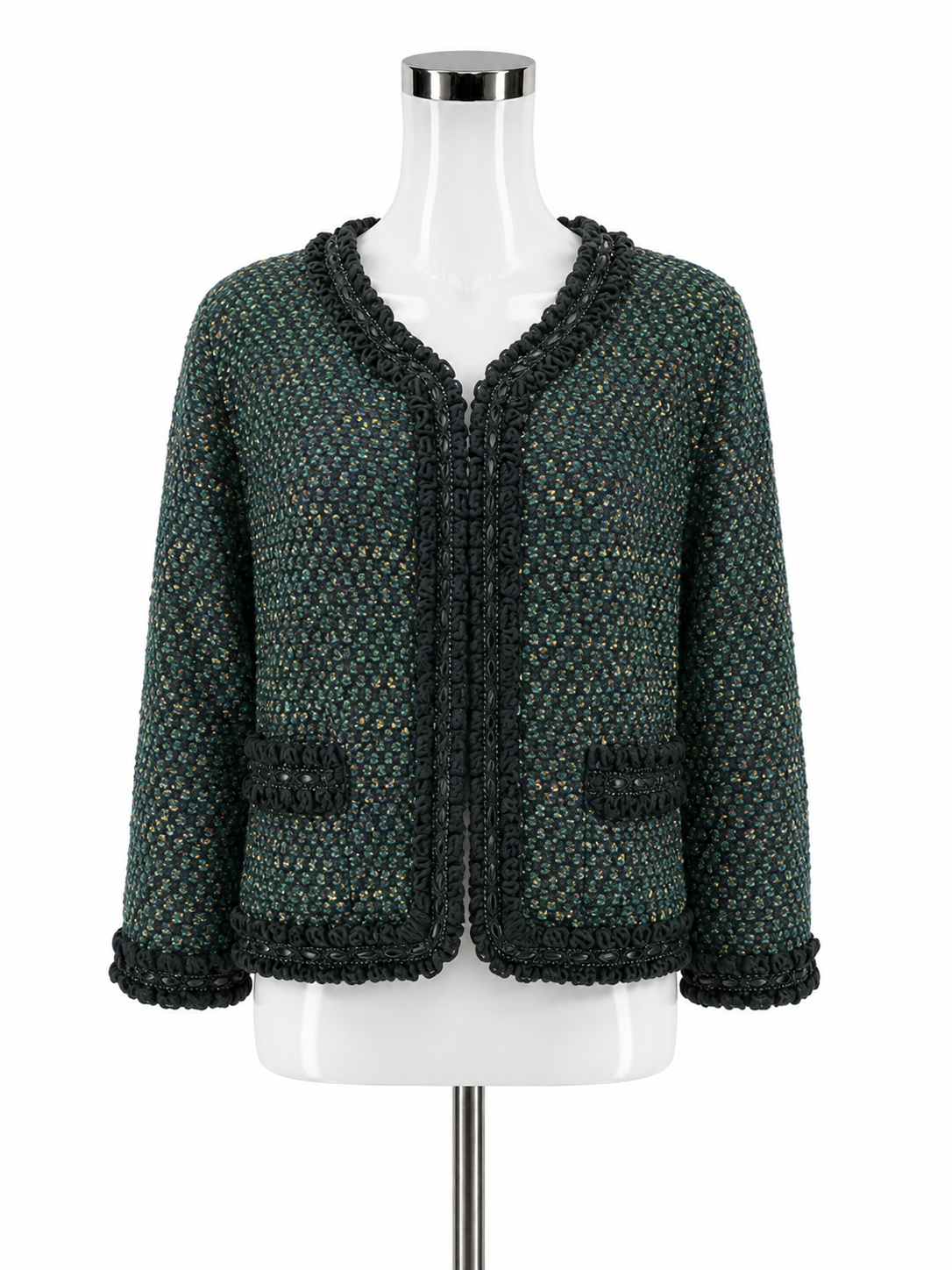 St. John Couture Emerald Green Tweed Jacket Rosette Detail Size 16 NWT - Emerald Tweed Knit Jacket with Rosette Pockets