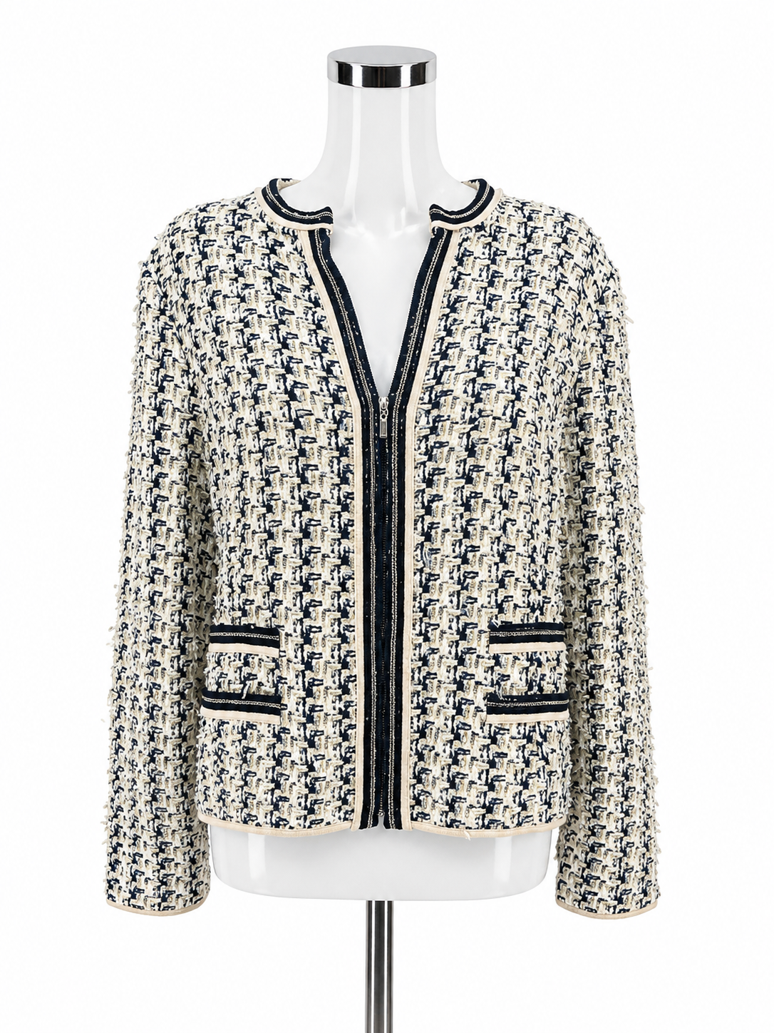 St. John Couture Mosaic Knit Jacket Tan Navy Braided Trim NWT Size 18