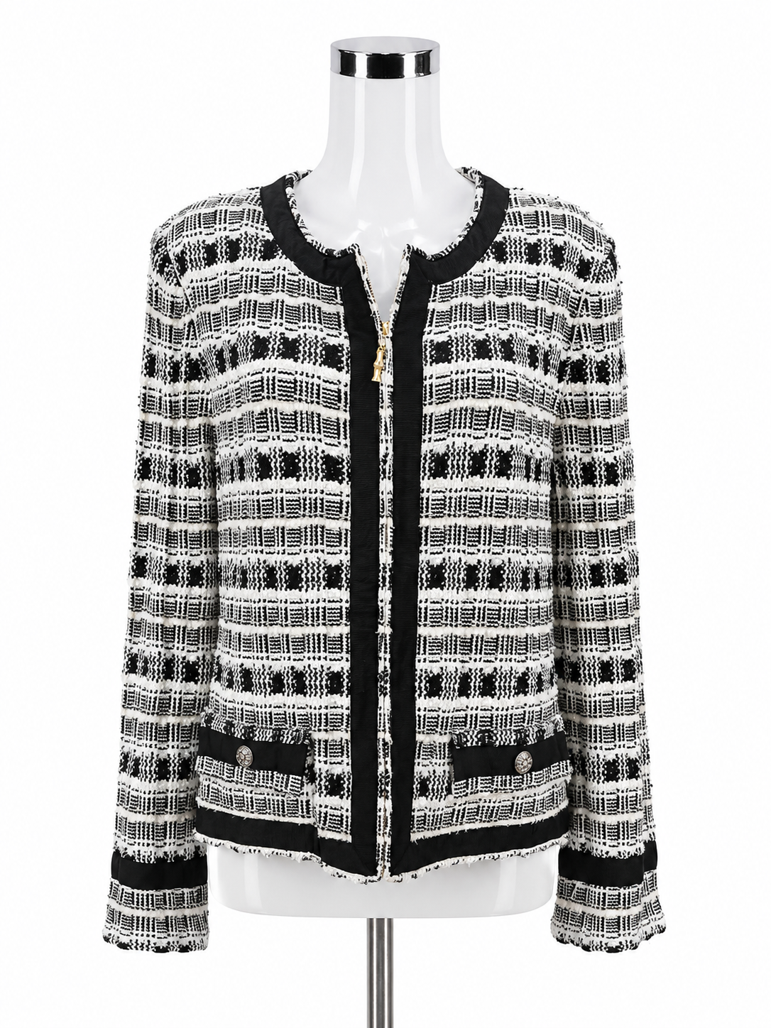St. John Collection Windowpane Plaid Boucle Knit Jacket Size 16 NWT