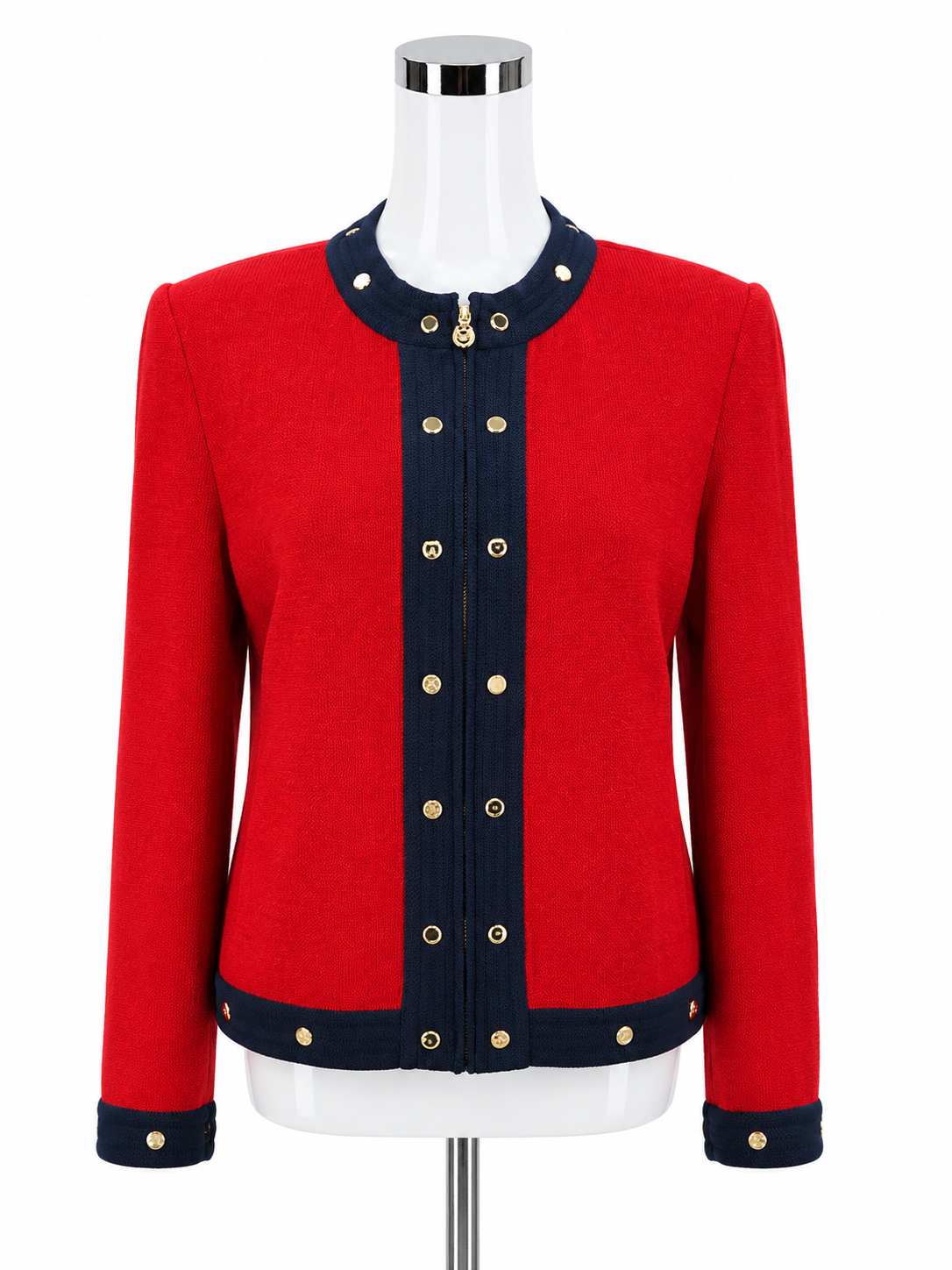 St. John Collection by Marie Gray red/navy Jacket Red Santana Knit Jacket Navy Trim Size 8 - Size 8