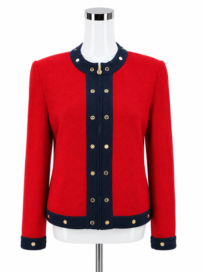 St. John Collection by Marie Gray red/navy Jacket Red Santana Knit Jacket Navy Trim Size 8 - Size 8