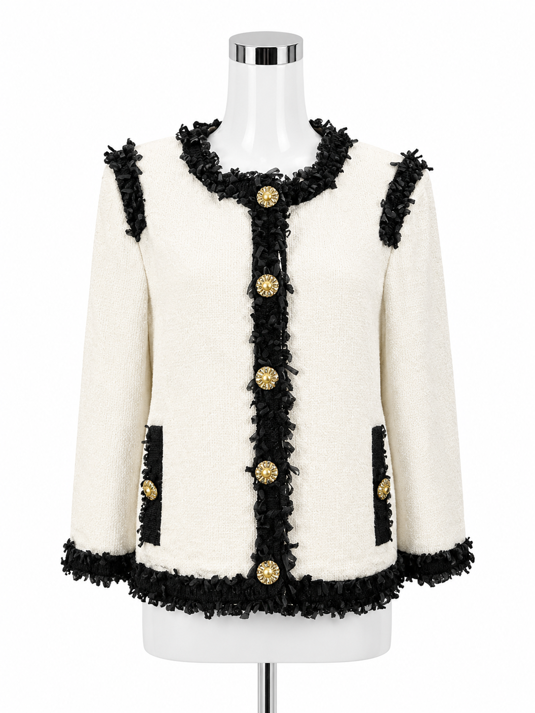 St. John Couture Ivory &amp; Black Fringe Trim Bouclé Knit Jacket Size 16 NWT