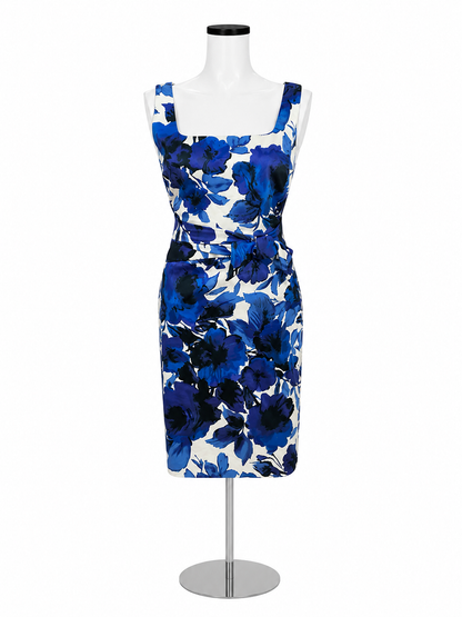 Ralph Lauren Floral Print Sheath Dress Size 8 White Blue Square Neck