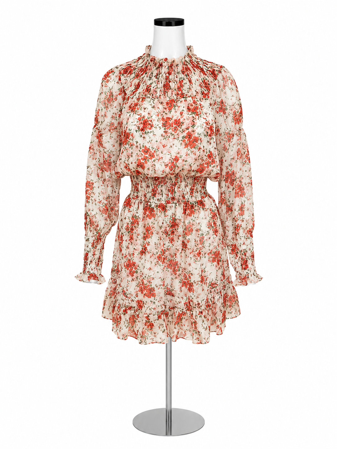 MISA Los Angeles Savanna Floral Smocked Mini Dress Cream Red Size Small
