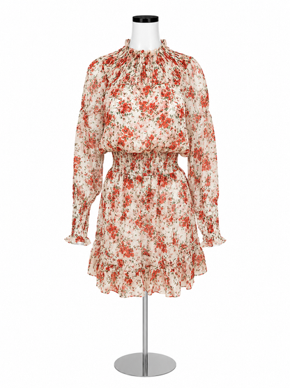 MISA Los Angeles Savanna Floral Smocked Mini Dress Cream Red Size Small
