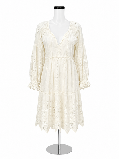 Tolani White Cotton Eyelet Tiered Bohemian Mini Dress Size Small