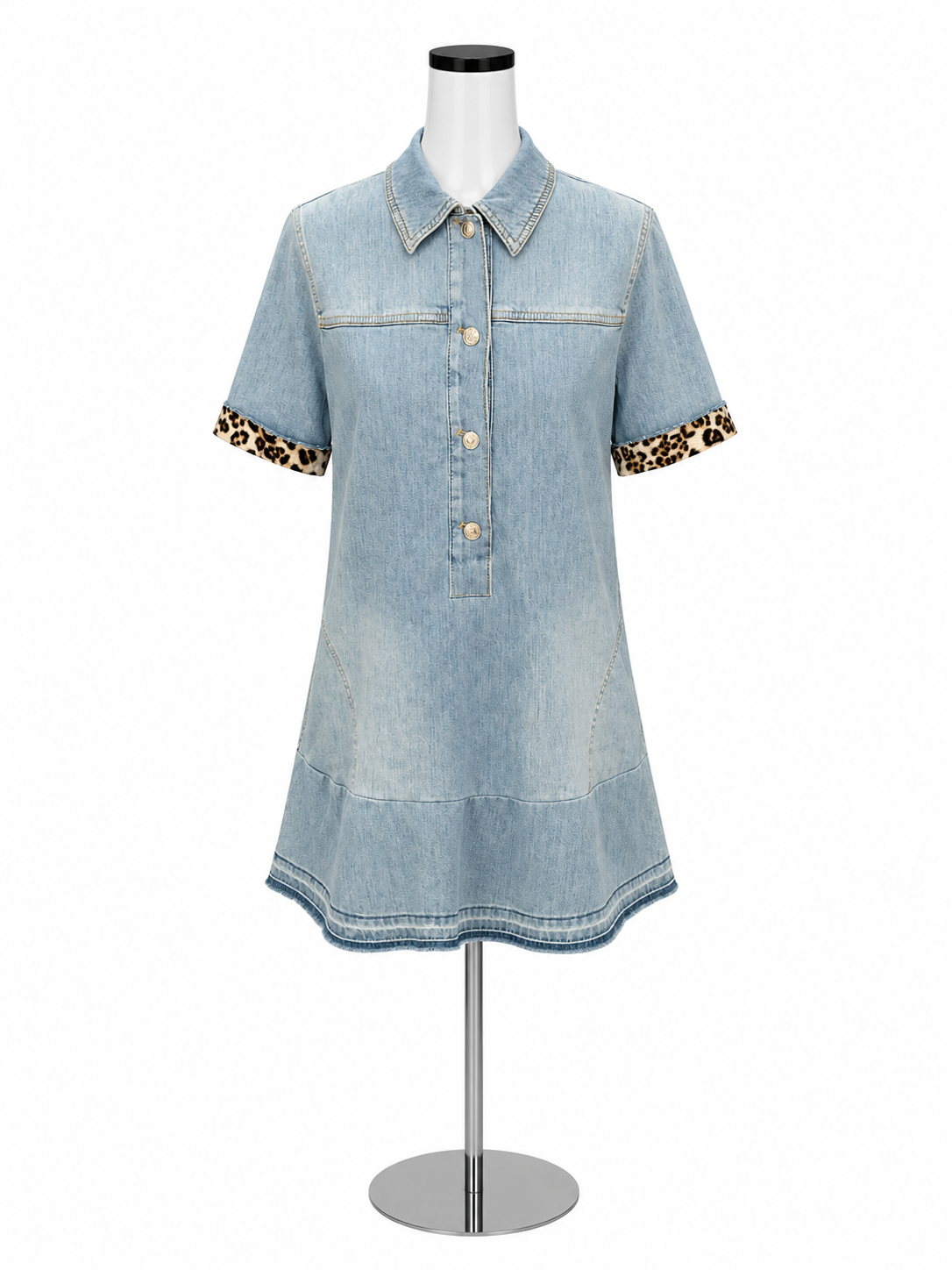 Marc Cain Sports Leopard Accent Denim Shirt Dress Size Large
