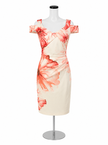 Karen Millen Floral Off-Shoulder Pencil Dress Size 10 Orange Red Wedding Guest