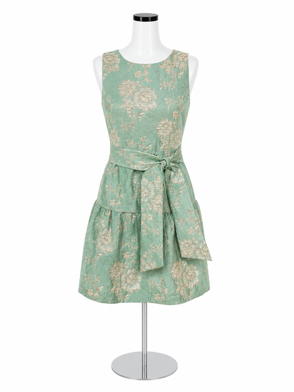 Maison Tara Aqua Gold Floral Metallic Jacquard Fit &amp; Flare Dress Size 6