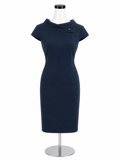 Karin Stevens Navy Blue Sheath Dress Asymmetrical Collar Size 6