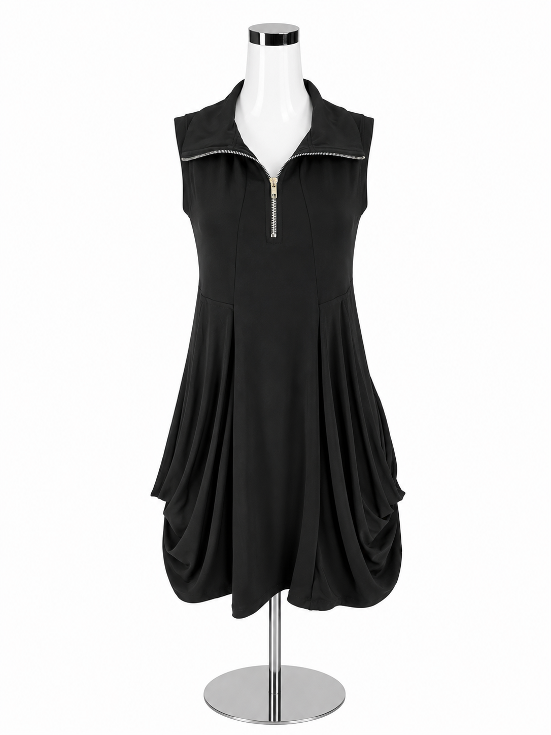 Gretchen Scott Ruffle Neck Half-Zip Sleeveless Tunic Dress Black Size Small