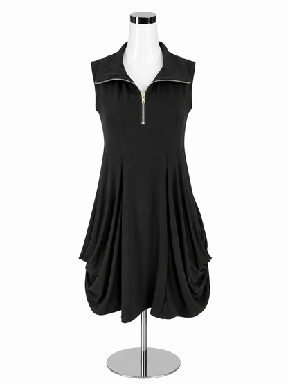 Gretchen Scott Ruffle Neck Half-Zip Sleeveless Tunic Dress Black Size Small