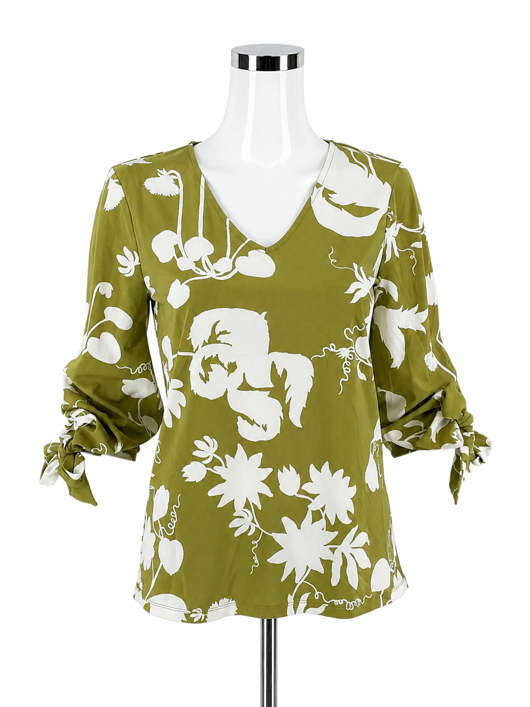 Ann Taylor Green Floral Tie Sleeve V-Neck Blouse Size XS