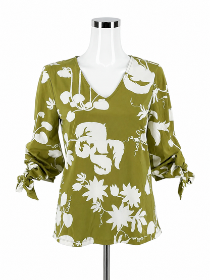 Ann Taylor Green Floral Tie Sleeve V-Neck Blouse Size XS