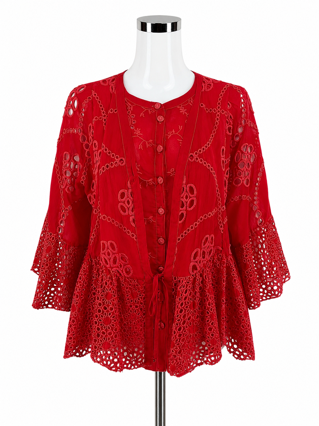 Johnny Was Tivva Red Eyelet Bohemian Tunic Top Size XS