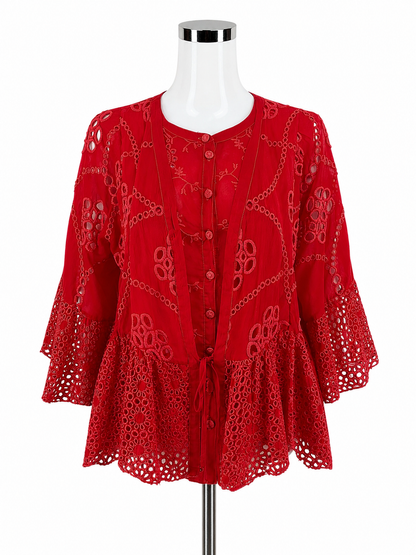 Johnny Was Tivva Red Eyelet Bohemian Tunic Top Size XS