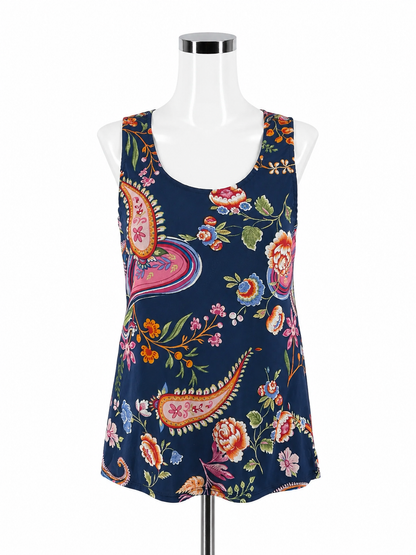 Espresso Paisley Floral Ruffle Tie-Back Tank Top Blue Multi Size Small