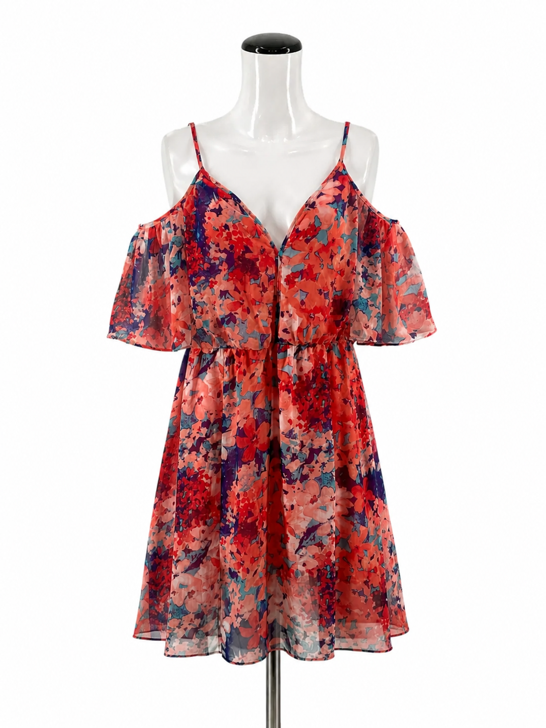 Bisou Bisou red/purple/aqua Cocktail Floral Cold Shoulder Dress Size 12 New With Tags - Size 12