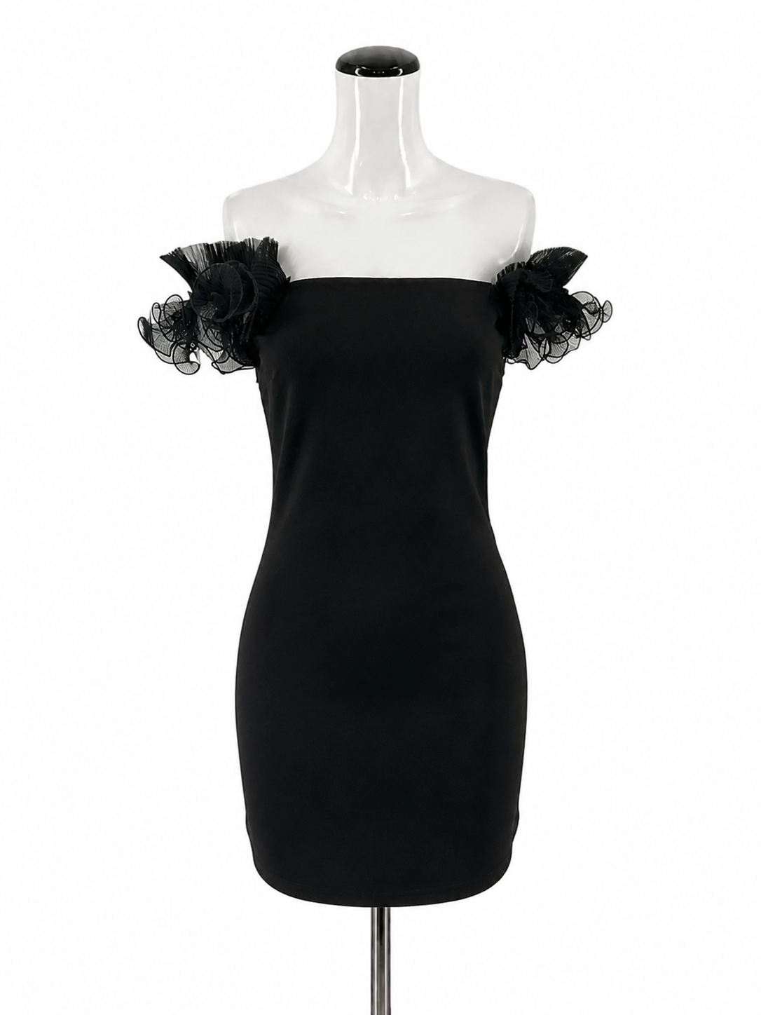 Thirty Thirty Off-Shoulder Tulle Ruffle Mini Dress S NWT Black Bodycon LBD
