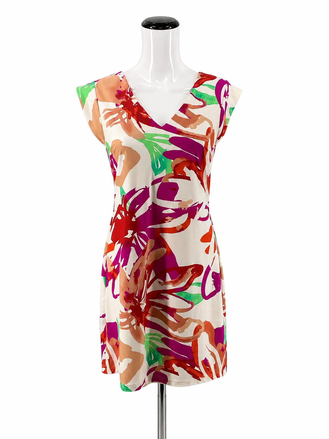 Aryeh White/Pink/Green Sheath Floral Cap Sleeve V-Neck Stretch Shift Dress Size Small - Size S