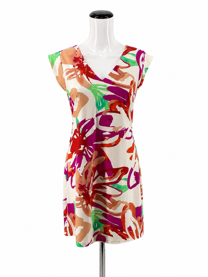 Aryeh White/Pink/Green Sheath Floral Cap Sleeve V-Neck Stretch Shift Dress Size Small - Size S