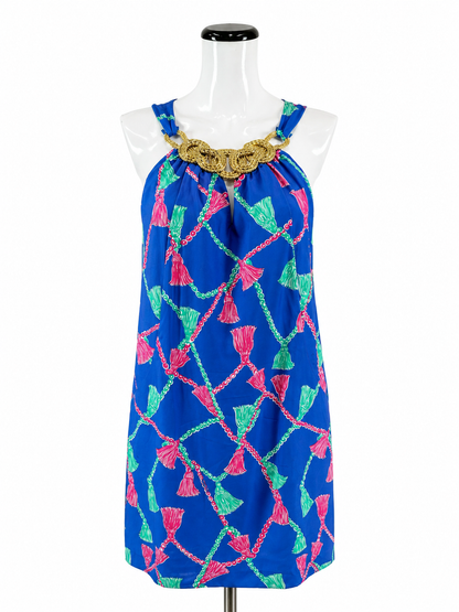 Lilly Pulitzer blue/pink/green Shift Elsa Silk Halter Dress Tassels Print Size 2 - Size 2