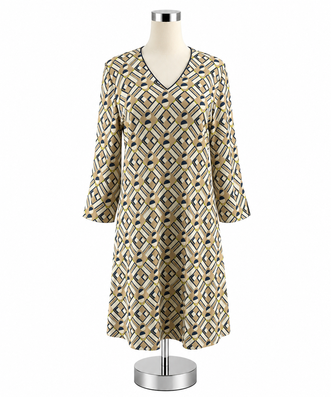 J. McLaughlin Catalina Cloth Geometric Print Shift Dress 3/4 Bell Sleeve Size Medium