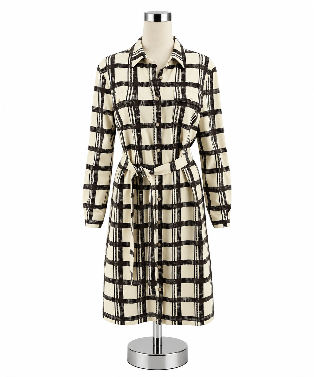 J.McLaughlin Cream &amp; Brown Grid Plaid Catalina Cloth Shirtdress | Size Medium