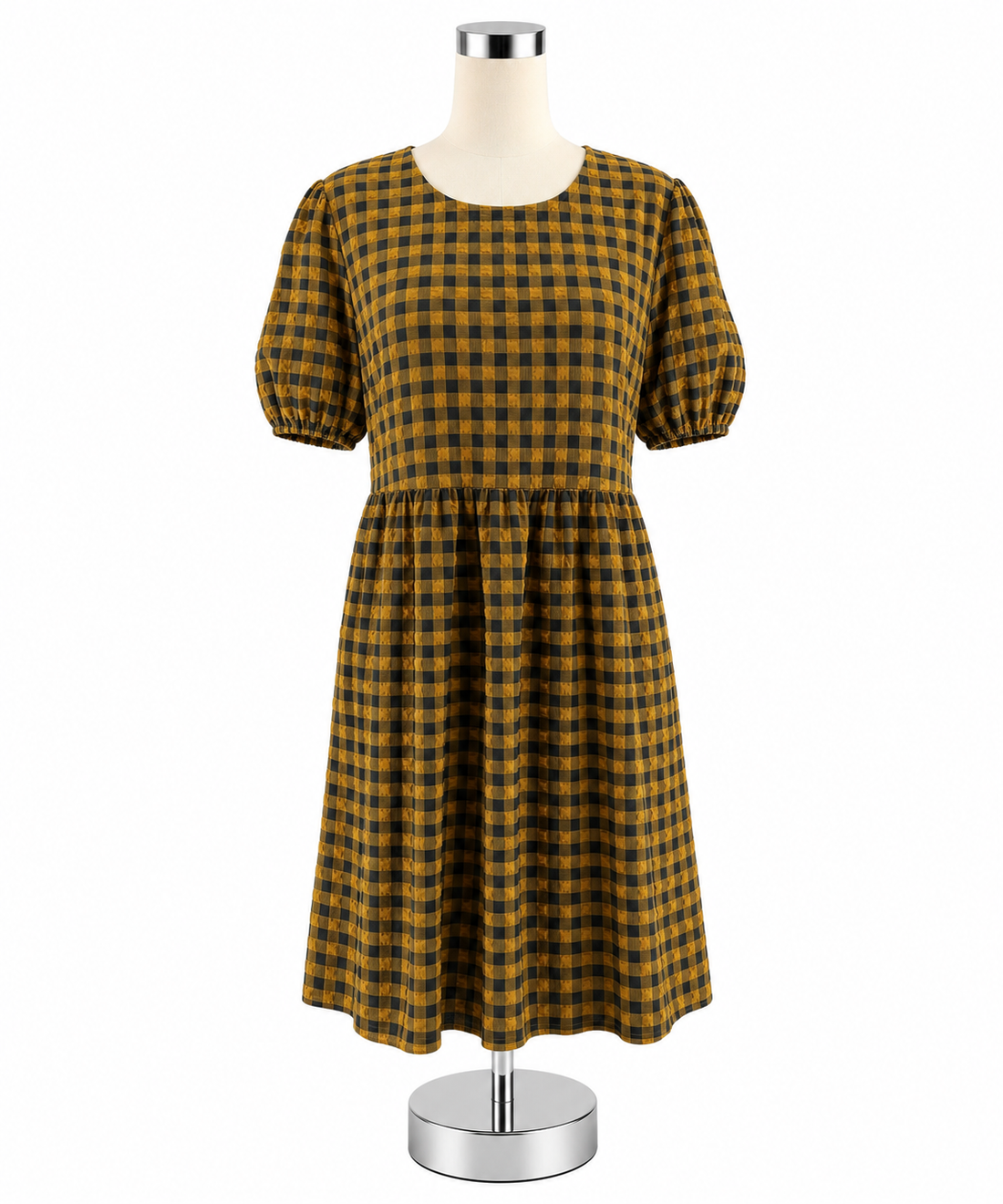 Wild &amp; Fable Mustard &amp; Black Checkered Puff Sleeve Tiered Mini Dress | Size Large