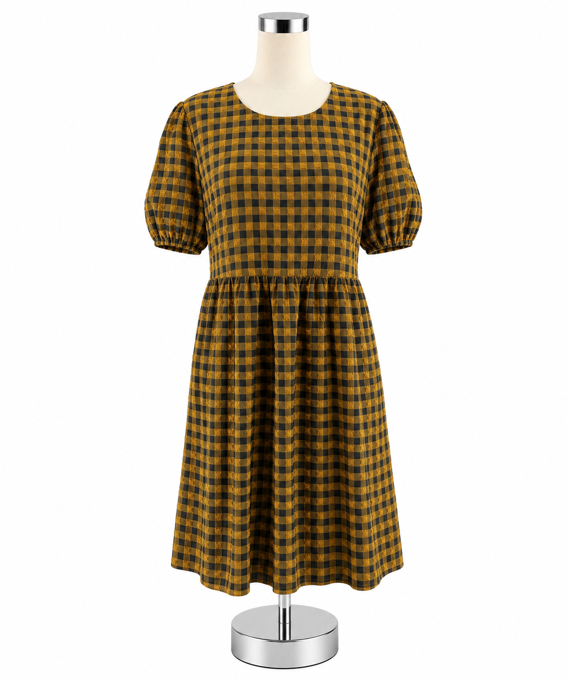 Wild &amp; Fable Mustard &amp; Black Checkered Puff Sleeve Tiered Mini Dress | Size Large - ONLINE ONLY
