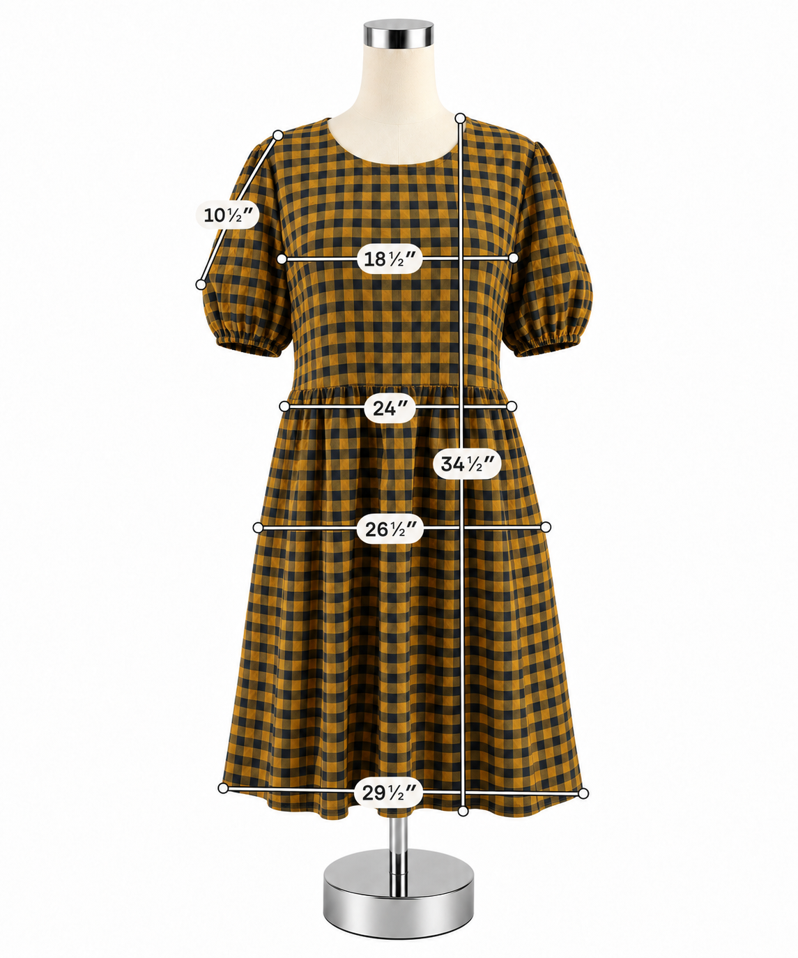 Wild &amp; Fable Mustard &amp; Black Checkered Puff Sleeve Tiered Mini Dress | Size Large - ONLINE ONLY