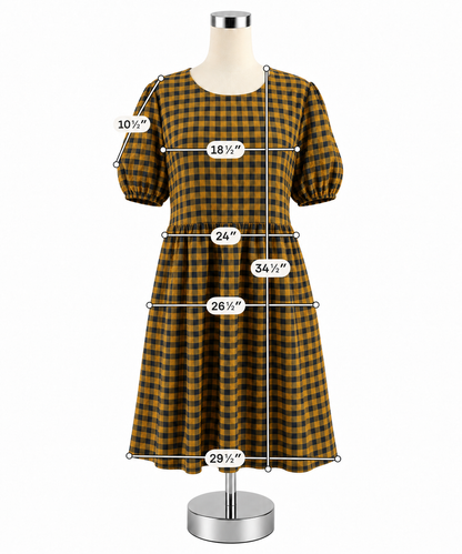 Wild &amp; Fable Mustard &amp; Black Checkered Puff Sleeve Tiered Mini Dress | Size Large - ONLINE ONLY