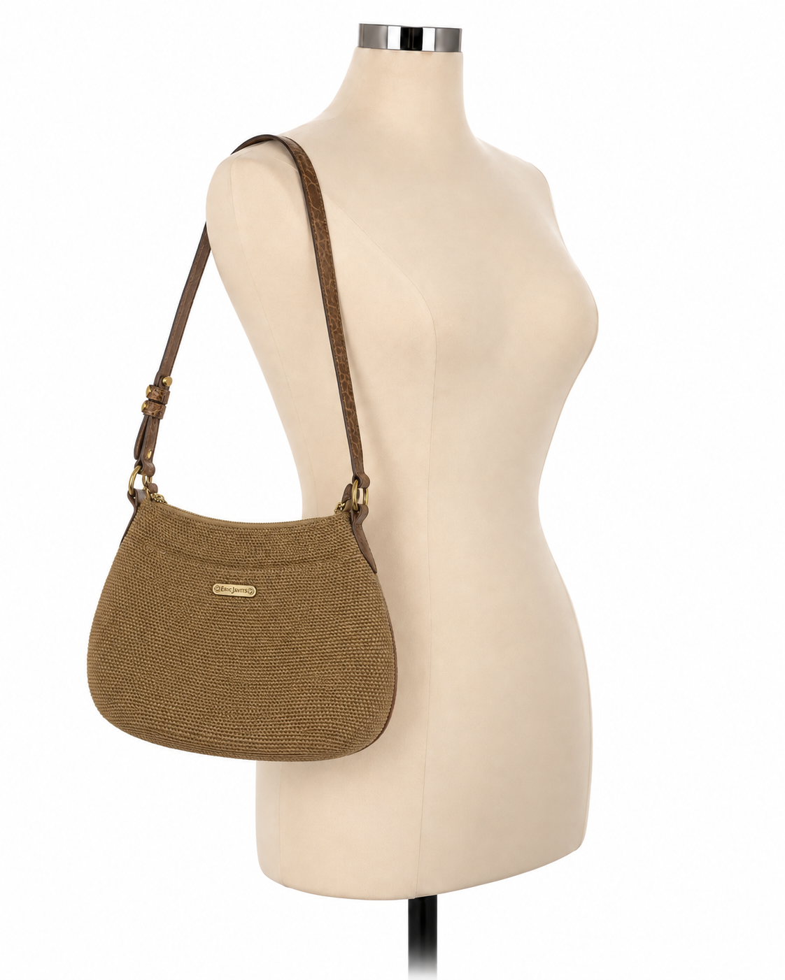 Eric Javits Lil Mambo Squishee Woven Crossbody Bag Brown Croc Leather Trim
