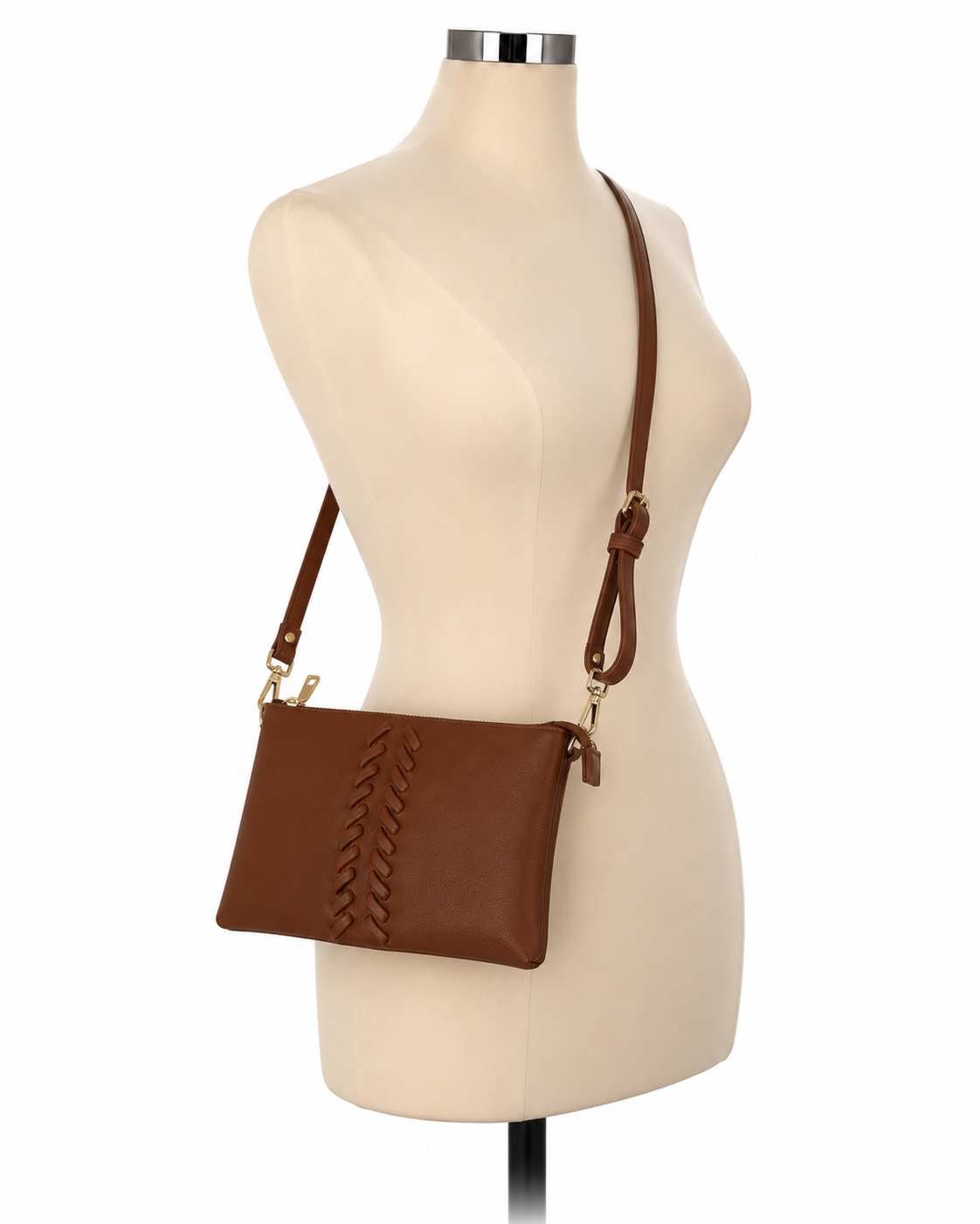Camel Cognac Braided Whipstitch Crossbody Bag | Pebbled Vegan Leather